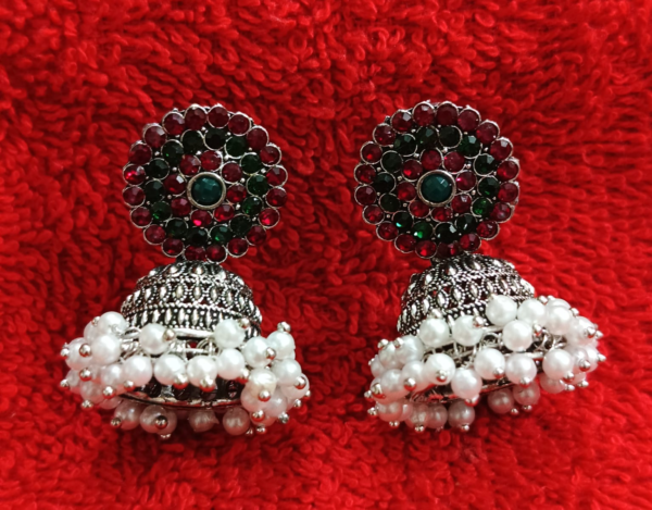 SAKETHAM RUBY RED STONE AND WHITE PEARL BEADED JHUMKI DESIGN