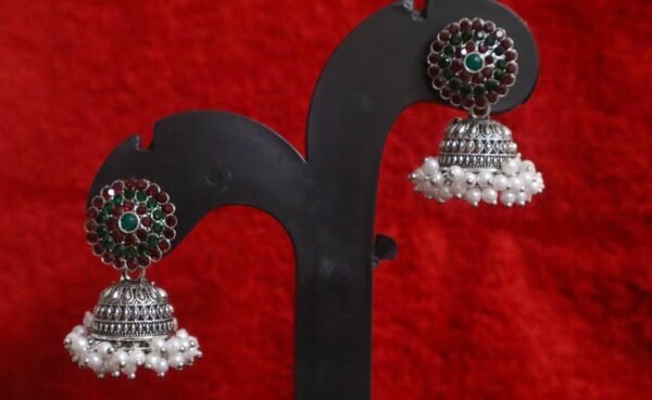 SAKETHAM RUBY RED STONED WHITE BEADS DESIGN JHUMKI - Image 4