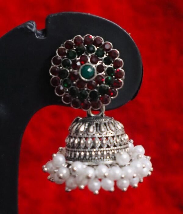 SAKETHAM RUBY RED STONED WHITE BEADS DESIGN JHUMKI