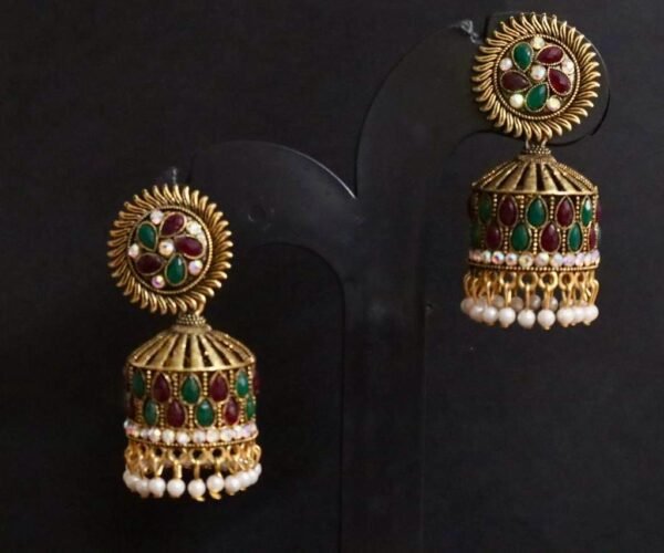 SAKETHAM RUBY AND EMRALD STONE DESIGN JHUMKI - Image 3