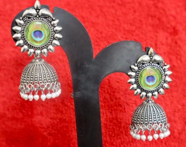 SAKETHAM SILVER PEACOCK FEATHER EYE JHUMKI - Image 2