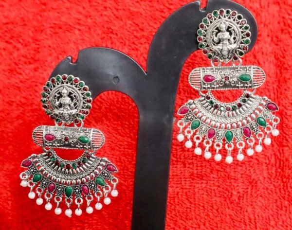 SAKETHAM SILVER COLOUR LAKSHMI RUBY AND EMRALD EARRING