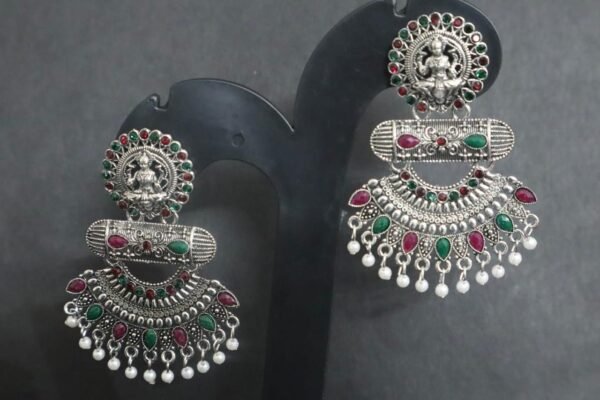 SAKETHAM SILVER COLOUR LAKSHMI RUBY AND EMRALD EARRING - Image 4