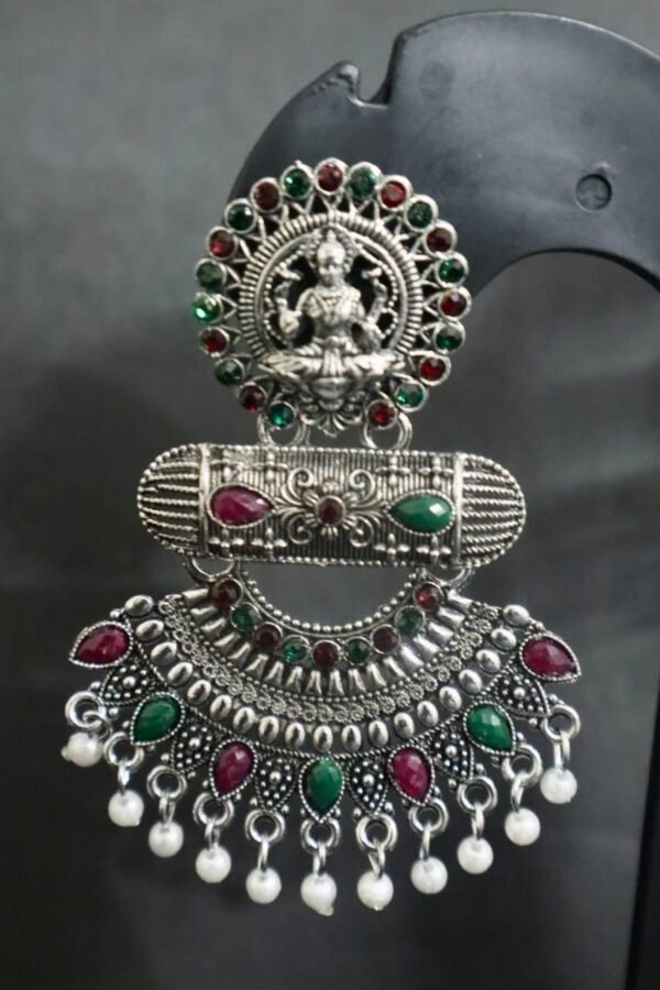 SAKETHAM SILVER COLOUR LAKSHMI RUBY AND EMRALD EARRING - Image 3