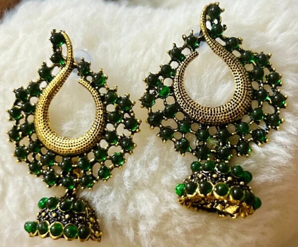 SAKETHAM EMRALD GREEN STONE STUDDED SMALL HANGING JHUMKI - Image 2