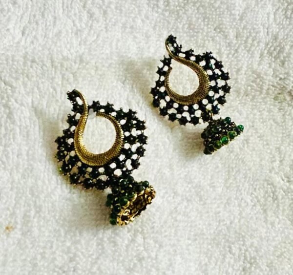 SAKETHAM EMRALD GREEN STONE STUDDED SMALL HANGING JHUMKI - Image 4