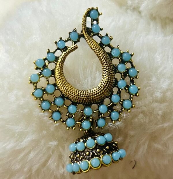 SAKETHAM PASTEL BLUE STONE STUDDED SMALL HANGING JHUMKI - Image 2