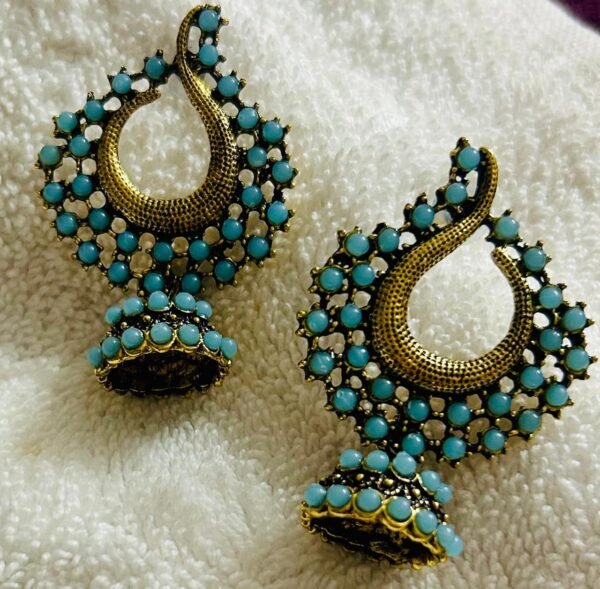 SAKETHAM PASTEL BLUE STONE STUDDED SMALL HANGING JHUMKI - Image 4