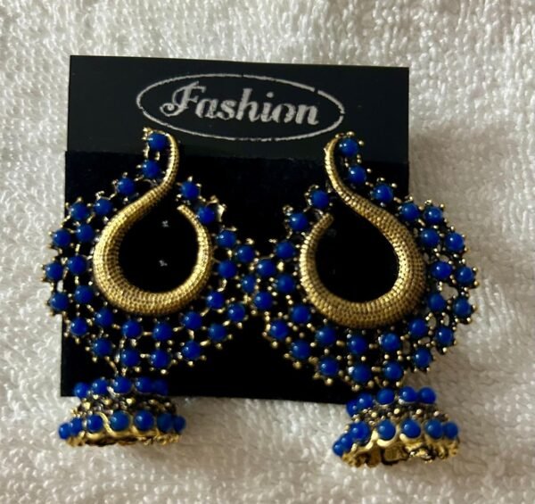 SAKETHAM BLUE STONE STUDDED SMALL HANGING JHUMKI - Image 4