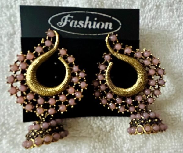 SAKETHAM PASTEL PINK STONE STUDDED SMALL HANGING JUMKI - Image 3