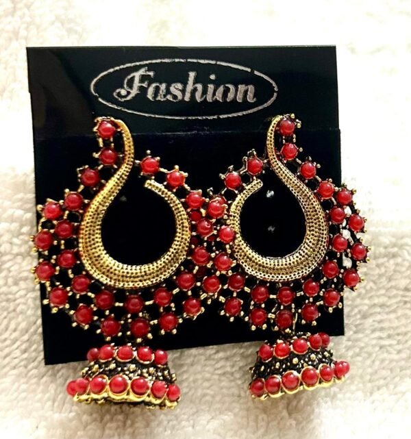 SAKETHAM RUBY RED COLOURED STONE STUDDED SMALL JHUMKI