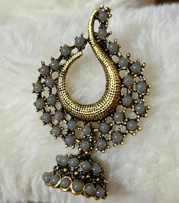 SAKETHAM MOON LIGHT GREY STONE STUDDED SMALL HANGING JHUMKI - Image 2
