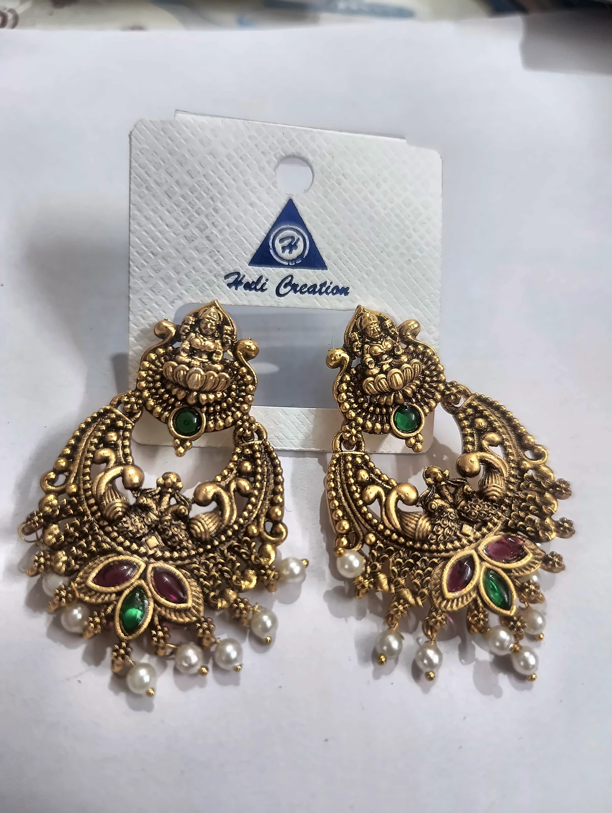 Antique Gold Temple Chandbali Jhumka Earrings - Image 2