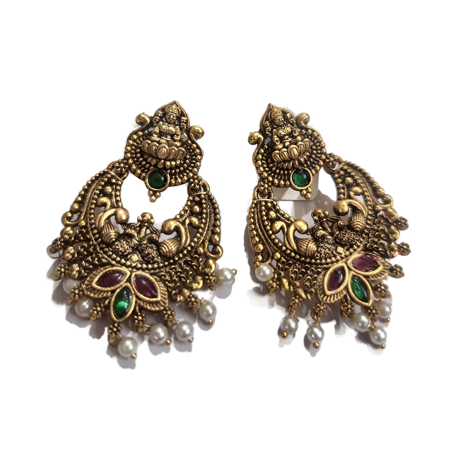 Antique Gold Temple Chandbali Jhumka Earrings