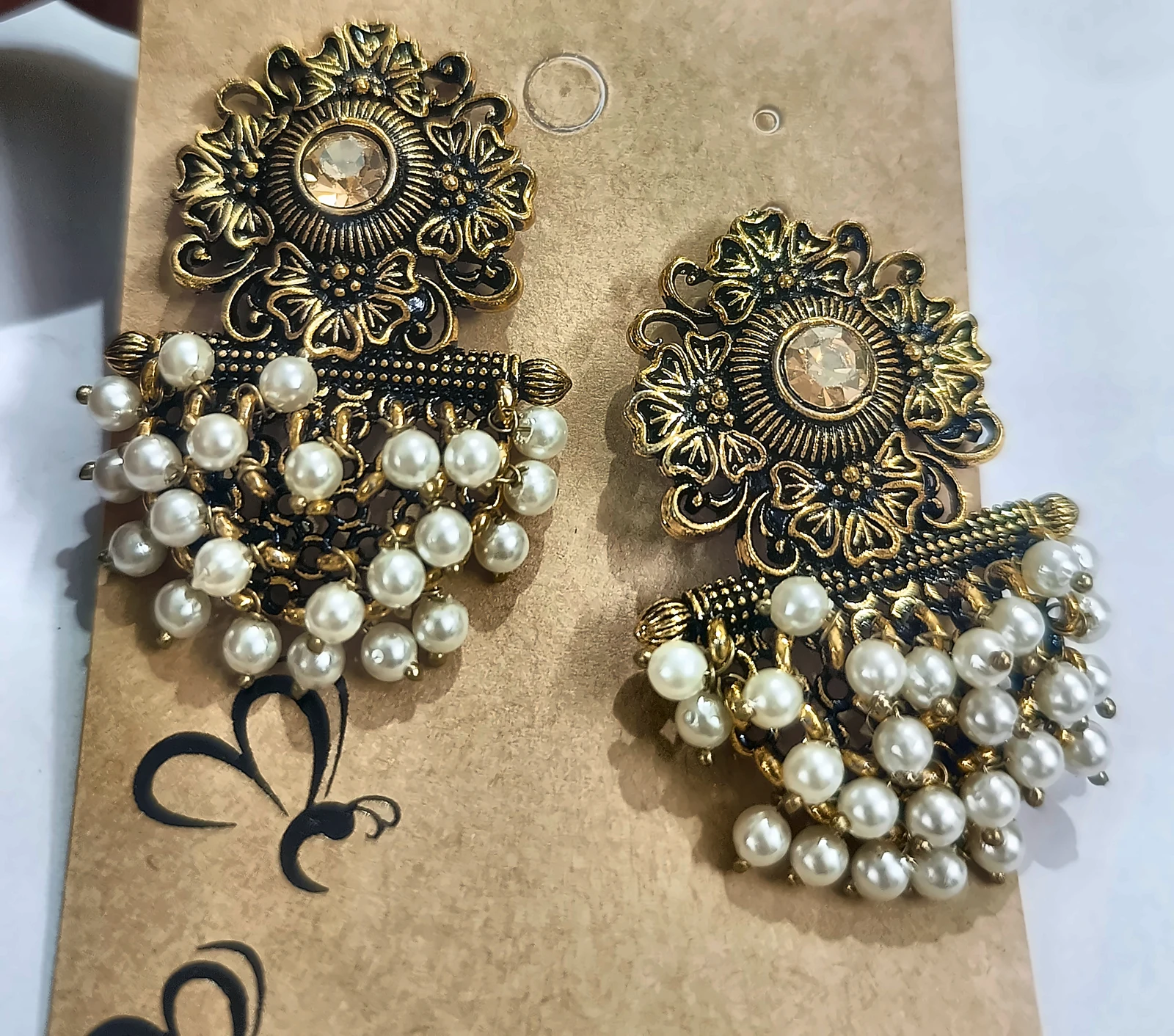 Antique Gold Floral Pearl Tassel Earrings - Image 2