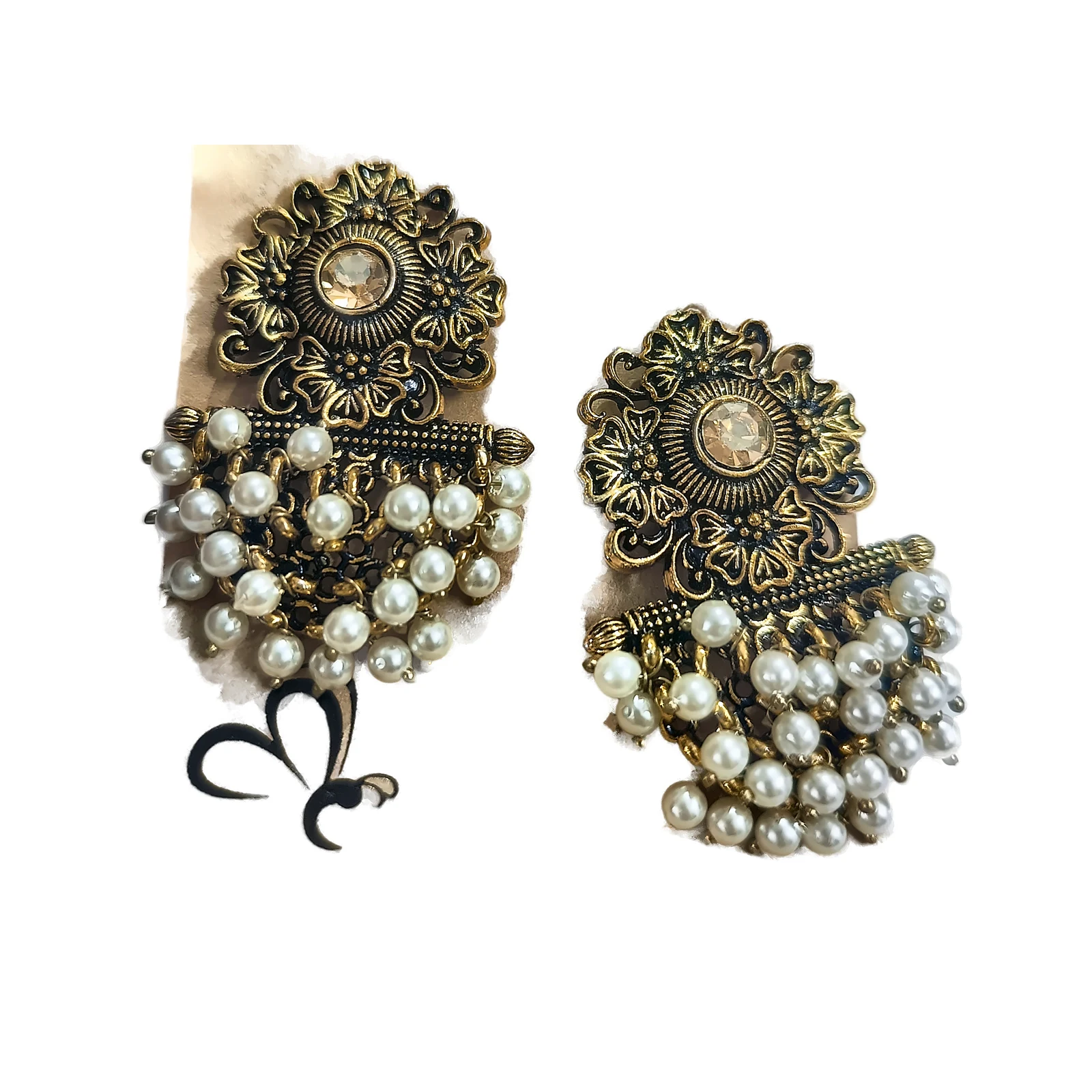 Antique Gold Floral Pearl Tassel Earrings
